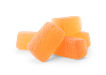 Pile of delicious jelly candies on white background