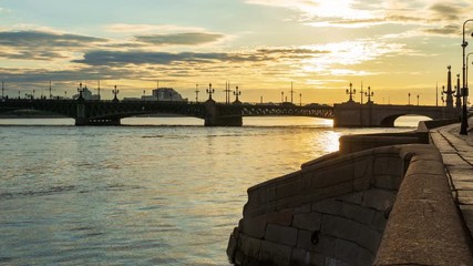 Timelapse Troitsky bridge. White nights in St. Petersburg. Beautiful Cityscape T