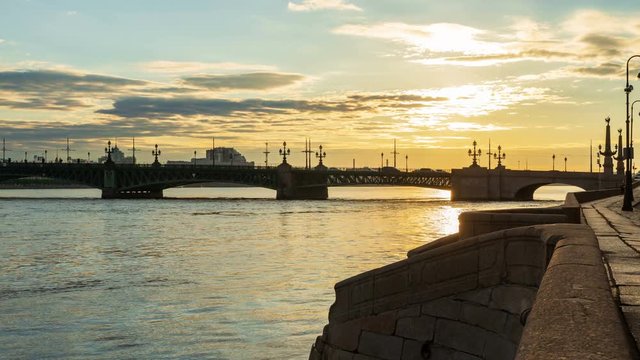 Timelapse Troitsky bridge. White nights in St. Petersburg. Beautiful Cityscape 