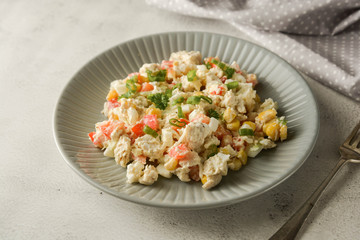 Mayonnaise meat and corn salad with bell pepper.