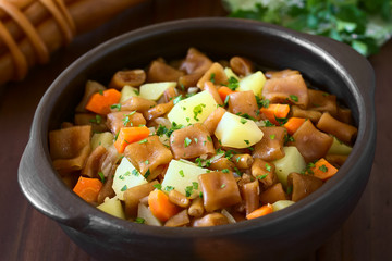 Chilean Estofado or Guiso de Cochayuyo (lat. Durvillaea antarctica) vegan stew of bull kelp, potato, carrot and onion, photographed with natural light (Selective Focus in middle of the stew)