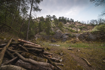 Fototapeta premium Rocky Landscape. Pile of Wood in Back Quarry (Zadní lom) Near Mikulov, Czech Republic