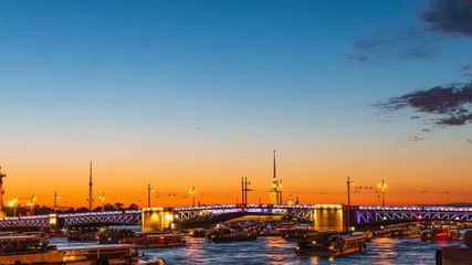 St. Petersburg timelapse Palace Bridge. White nights in St. Petersburg. Beautiful cityscape