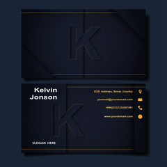 Elegant corporate business card or name card with initial letter K. Stylish logo forming the letter K business card template. Contact card for company. Flat user interface. Gold and dark colors.