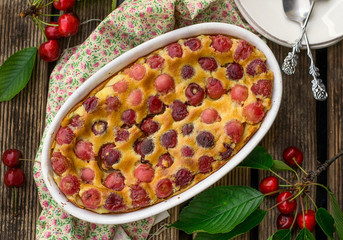 Homemade French dessert clafoutis clafouti with cherries