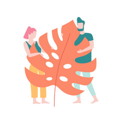 Couple in love hiding behind the big tropical leaf isolated on white background, vector illustration in flat design. People having reunion with Nature concept illustration.