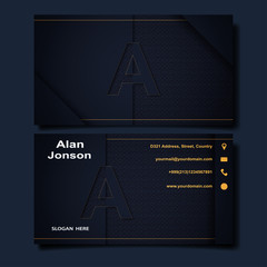 Elegant corporate business card or name card with initial letter A. Stylish logo forming the letter K business card template. Contact card for company. Flat user interface. Gold and dark colors.