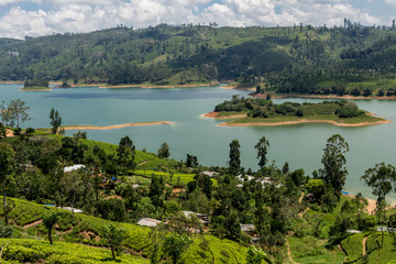 Fototapeta na wymiar Sri Lanka Hill country landscape. Tea plantations and lake scenery. Nature scenery on bright, sunny day.