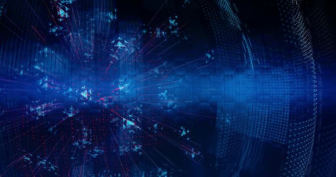 Abstract digital background hi-tech and scientific technology data.  Technological particles. Digital VR and AR future computer interface. Global network connect communication or social media loop.