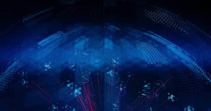 Abstract digital background hi-tech and scientific technology data.  Technological particles. Digital VR and AR future computer interface. Global network connect communication or social media loop.