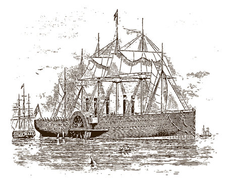 Large historic iron sailing steamship „Great Eastern“ by Isambard Kingdom Brunel from 1858. Illustration after engraving from 19th century
