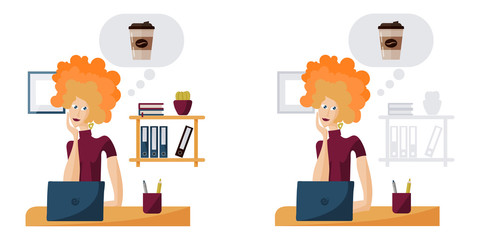 Young woman in the office dreams of coffee