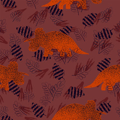Orange dinosaurs Triceratops among the leaves and footprints. Seamless pattern for fabric, gift paper. Vector