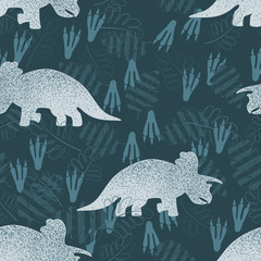 Gray dinosaurs Triceratops among the leaves and footprints. Seamless pattern for fabric, gift paper. Vector