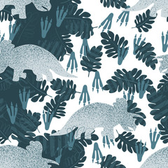 Gray dinosaur Triceratops on a white background surrounded by leaves and traces. Seamless pattern for fabric, gift paper. Vector