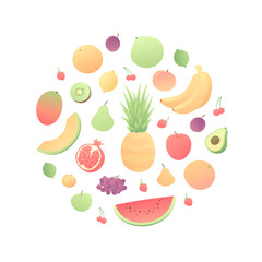 Vector color veggy fruit set. Modern style flat circle frame of fruits isolated on white background. Design elements for web, vegeterian, summer, menu, vitamins.