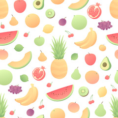 Vector color veggy fruit seamless pattern. Modern style flat tile of fruits isolated on white background. Design for web, vegeterian, summer, menu, vitamins, print, texture, wrapping, paper.