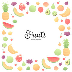 Vector color veggy fruit banner. Modern style flat circle frame of fruits with place for text isolated on white background. Design for poster, backdrop, web, summer, vegeterian menu, vitamins.