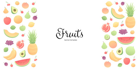 Vector color veggy fruit banner. Modern style flat frame of fruits with horizontal borders isolated on white background. Design for poster, backdrop, web, summer, vegeterian menu, vitamins.