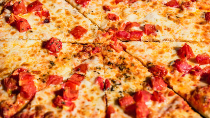 Delicious fresh pizza Margherita with tomatoes and cheese close up texture