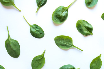 Beautiful pattern of fresh spinach leaves on white background. Flat lay.