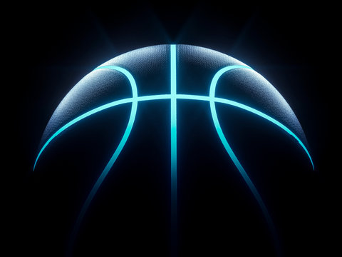 3D rendering of Futuristic basketball ball with blue glowing neon lights
