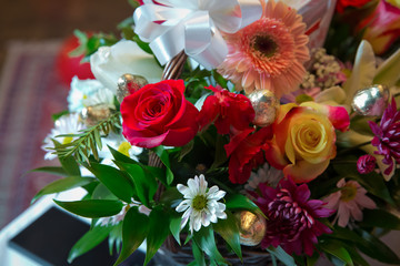Beauty of colored flowers . Beautiful bunch of Gerbera flowers with white, red, pink and yellow flowers . Beautiful wedding colorfull bouquet for bride.