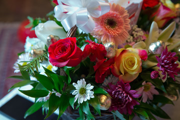 Beauty of colored flowers . Beautiful bunch of Gerbera flowers with white, red, pink and yellow flowers . Beautiful wedding colorfull bouquet for bride.