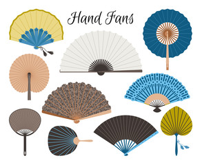 Asian fans. Colored hand traditional fan set isolated on white background, paper folding painting vector fans