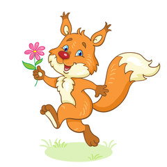 Cute squirrel runs skipping with a pink flower in her hand. In cartoon style. Isolated on white background. Vector illustration.