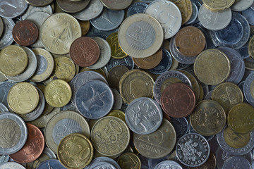 Scattered coins of different countries
