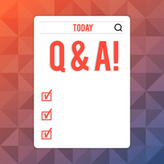 Text sign showing Q And A. Business photo text defined as questions being asked and answers Search Bar with Magnifying Glass Icon photo on Blank Vertical White Screen