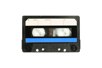 Audio compact cassette. Analog tape format for audio playing and recording. Audio cassette with blue line isolated on white background.