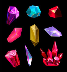 Set of isolated crystals, casual realistic icons for game. Gem stones with transparent outgrowths, rock crystal, isolated graphic elements © Feat