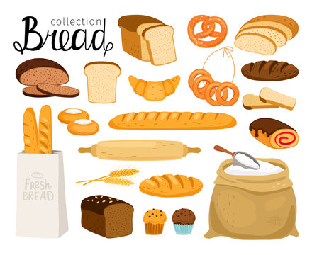 Vector bread collection. Cuisine cartoon bakery food, bagel and baguette, wheat bread slices for breakfast, croissant and small pretzel, flour and grain set