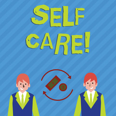 Writing note showing Self Care. Business concept for practice of taking action to preserve or improve ones own health Money in Dollar Sign in Rotating Arrows Between Businessmen