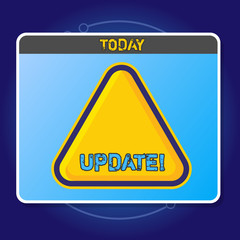 Obraz premium Conceptual hand writing showing UPDATE. Concept meaning make something more modern or up to date like software program Yellow Embossed Triangle with Border as Web Button In Screen