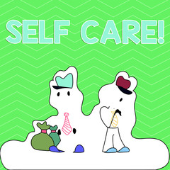 Writing note showing Self Care. Business concept for practice of taking action to preserve or improve ones own health Figure of Two Men Standing with Pouch Bag White Snow Effect