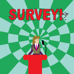 Handwriting text Survey. Conceptual photo research method used for collecting data from a predefined group Businesswoman Standing Behind Podium Rostrum Speaking on Wireless Microphone