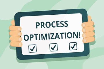 Handwriting text Process Optimization. Conceptual photo improves the processes and takes them to a high level Color Tablet Smartphone with Blank Screen Handheld from the Back of Gadget