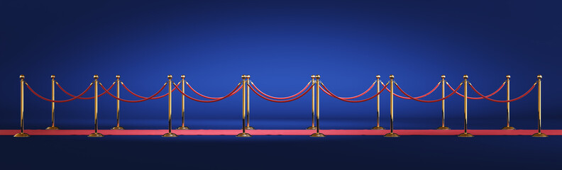 Golden barrier with red rope isolated on blue background. Clipping path included.