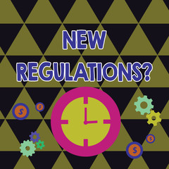 Writing note showing New Regulations Question. Business concept for rules made government order control way something is done Time Management Icons of Clock, Cog Wheel Gears and Dollar