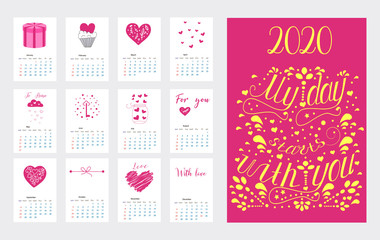 Calendar Layout for 2020 years. Calendar design with the main symbols of the love .Simple design template,colorful vector typography set. Vertical calender. - Vector