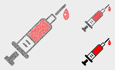 Dotted and mosaic blood syringe icons. Vector icon of blood syringe designed of random round points. Other pictogram is designed from square particles.
