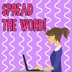 Conceptual hand writing showing Spread The Word. Concept meaning share the information or news using social media Strip Size Lined Paper Sheet Hanging Using Blue Clothespin