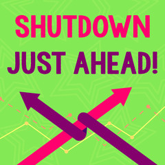 Text sign showing Shutdown Just Ahead. Business photo text closing factory business either short time or forever Two Arrows where One is Intertwined to the other as Team Up or Competition