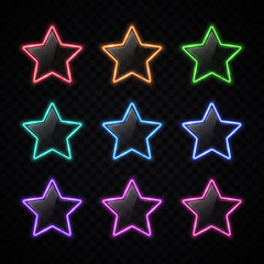 Obraz premium Colorful neon star badges set. Glowing colored stars banners or buttons collection with shining plastic background. 3d halogen or led line electric border. 80s style sign bright vector illustration.