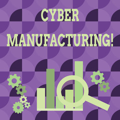 Conceptual hand writing showing Cyber Manufacturing. Concept meaning transformative concept that aims the translation of data Magnifying Glass On Chart beside Cog Wheel Gear for Analysis