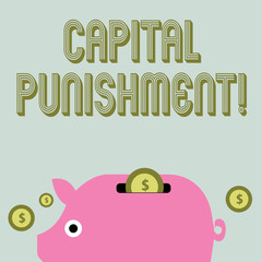 Text sign showing Capital Punishment. Business photo text authorized killing of someone as punishment for a crime Colorful Piggy Money Bank and Coins with Dollar Currency Sign in the Slit