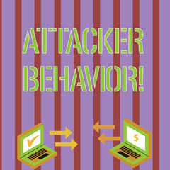 Writing note showing Attacker Behavior. Business concept for analyze and predict the attacker behavior of the attack Arrow Icons Between Two Laptop Currency Sign and Check Icons